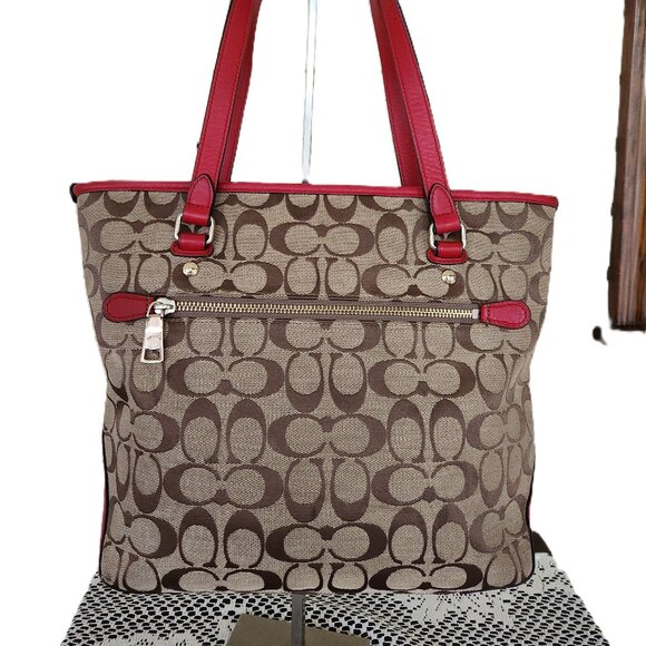 Coach Signature Khaki & Red Leather Medium Handbag Satchel Purse - Picture 3 of 14